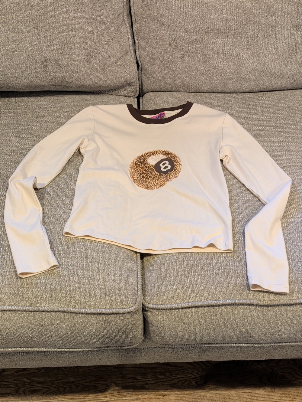 Edikted Cream Long-Sleeve Tee with Leopard '8' Graphic and Brown Trim
